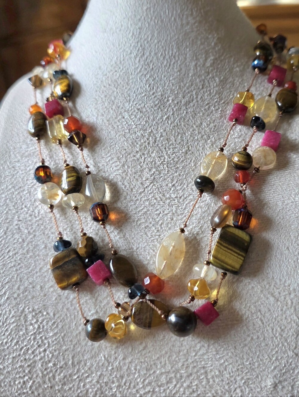 Multi-Strand Tiger's Eye Quartz Glass Bead Statement Necklace Earthy Boho